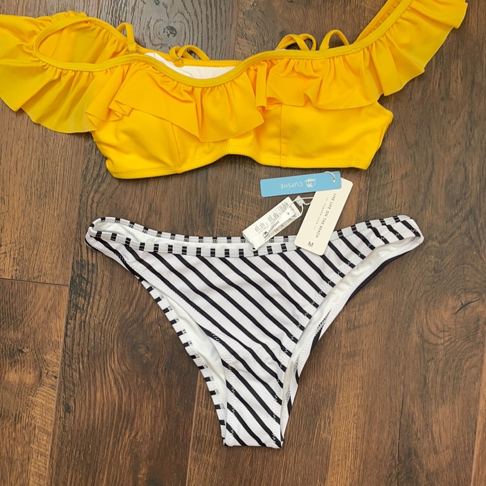 CupShe Bikini Navy/White/Yellow Sz Med NWT